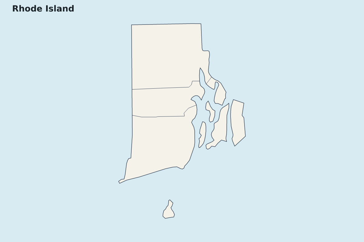 Highlight map of Rhode Island, United States with internal administrative boundaries.