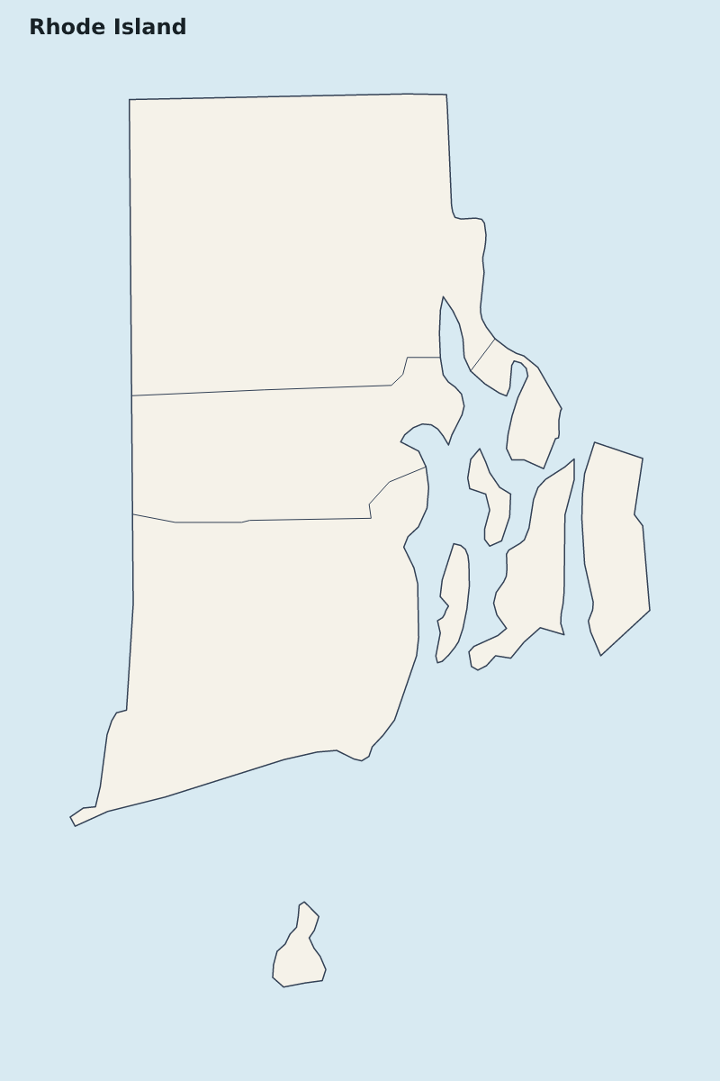 Mapa de resaltado de Rhode Island, United States con límites administrativos internos.