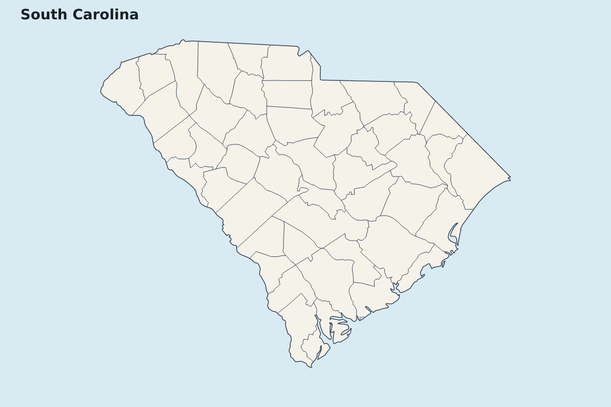 Mapa de resaltado de South Carolina, United States con límites administrativos internos.