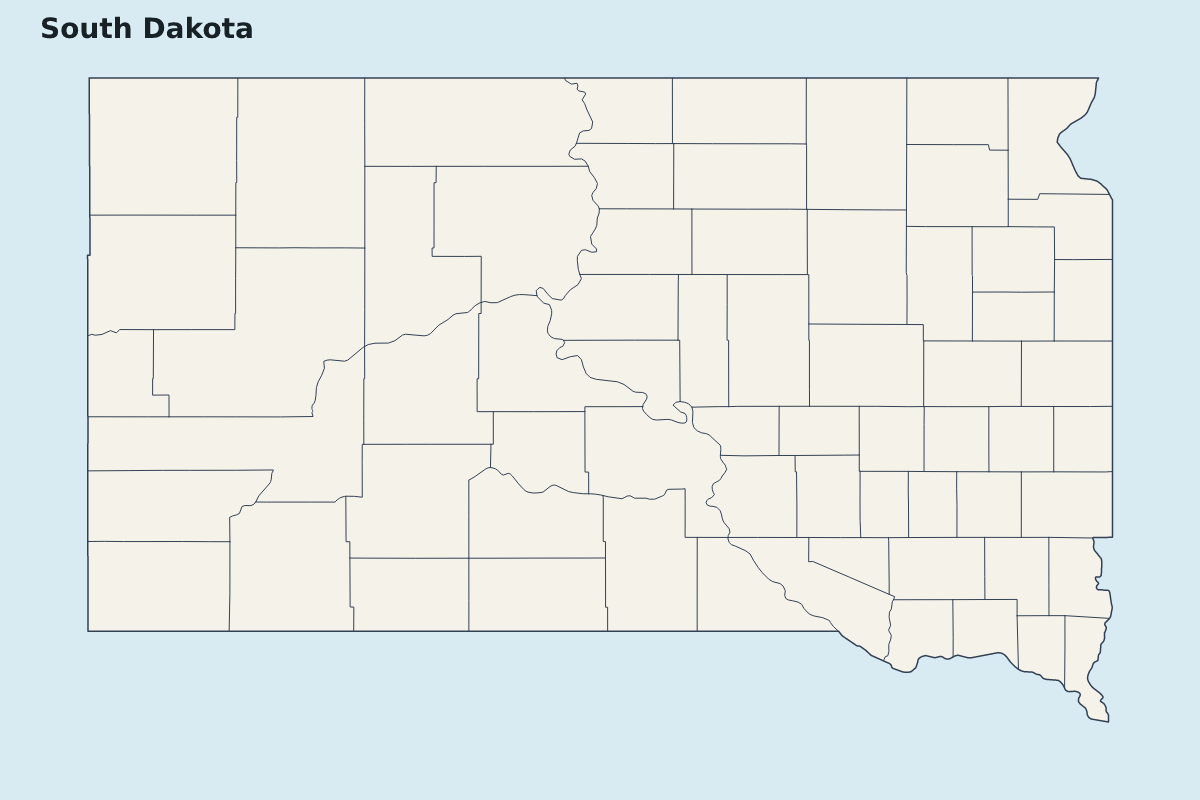 Mapa de resaltado de South Dakota, United States con límites administrativos internos.