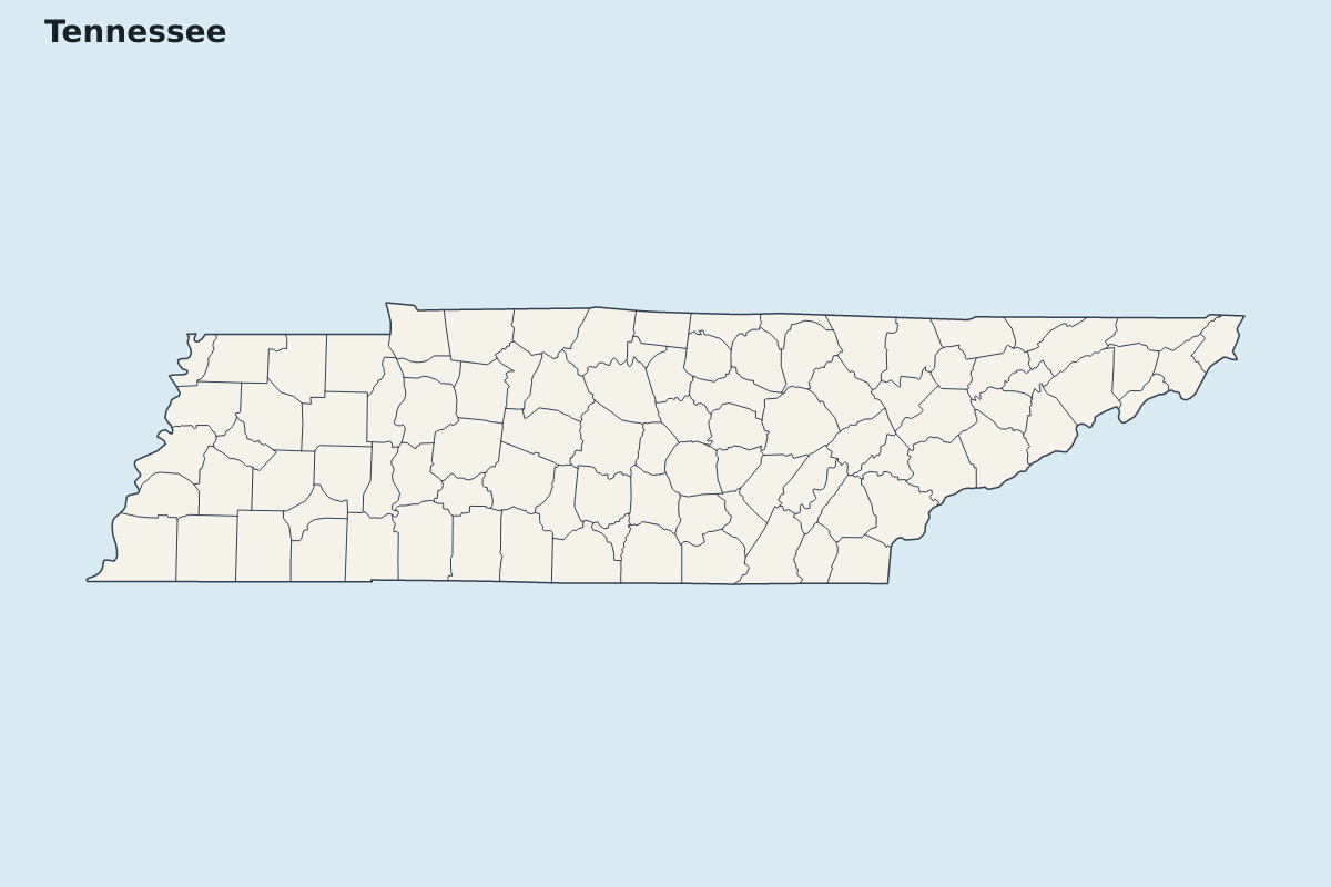 Mapa de resaltado de Tennessee, United States con límites administrativos internos.