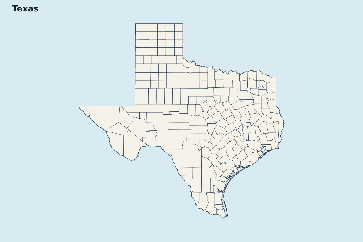 Carte de mise en évidence de Texas, United States avec limites administratives internes.