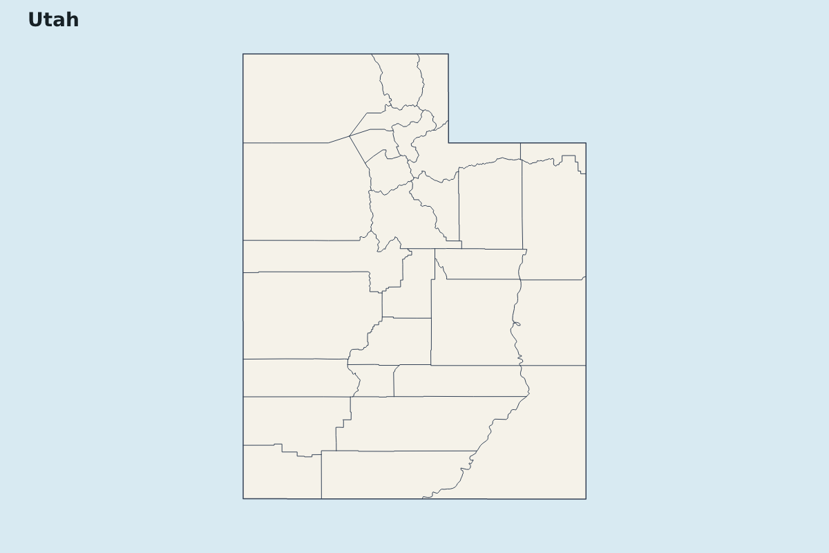 Mapa de resaltado de Utah, United States con límites administrativos internos.