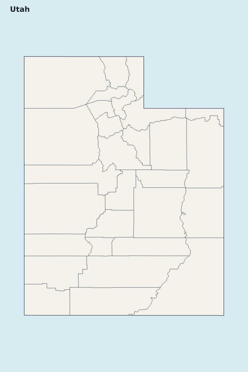 Mapa de resaltado de Utah, United States con límites administrativos internos.
