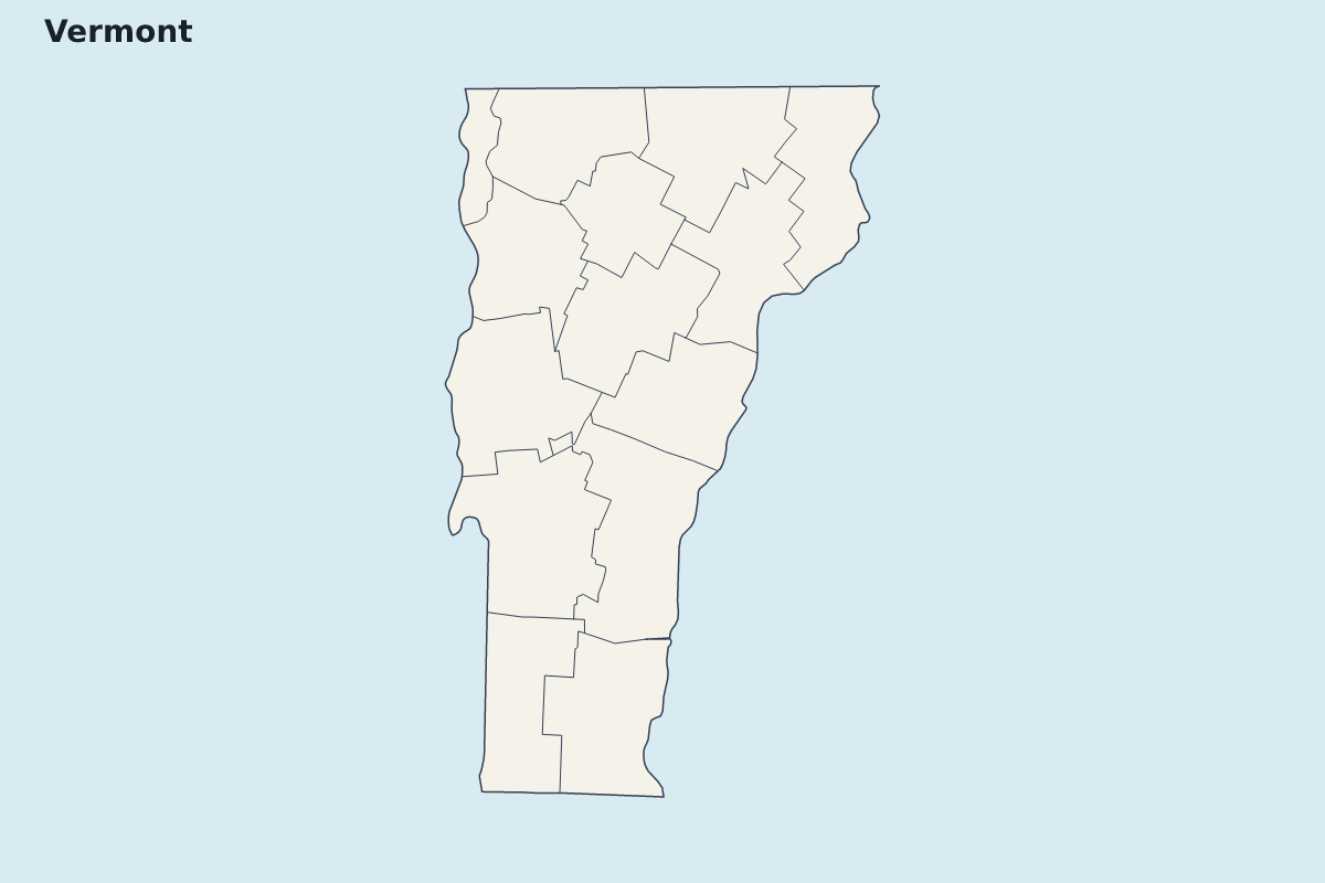 Mapa de resaltado de Vermont, United States con límites administrativos internos.