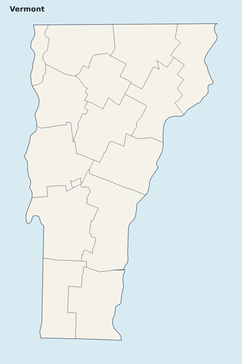 Mapa de resaltado de Vermont, United States con límites administrativos internos.