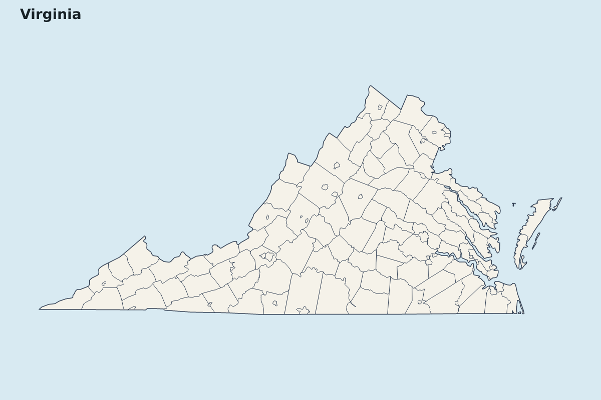 Mapa de resaltado de Virginia, United States con límites administrativos internos.