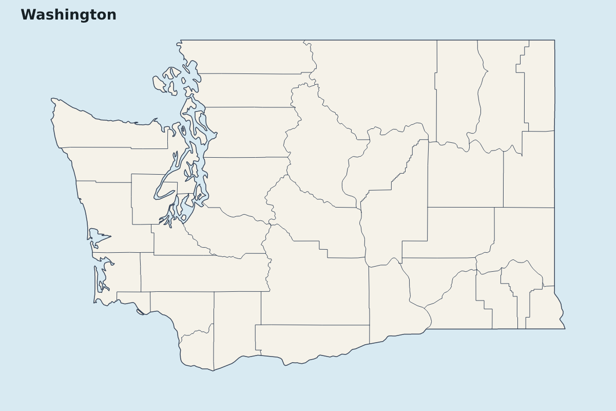 Mapa de resaltado de Washington, United States con límites administrativos internos.