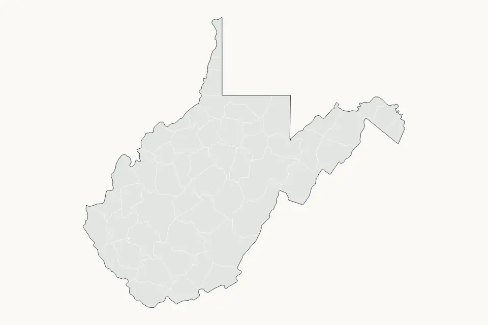 Mapa de West Virginia, United States de tipo subdivisiones para América del Norte, con subdivisiones con límites limpios.