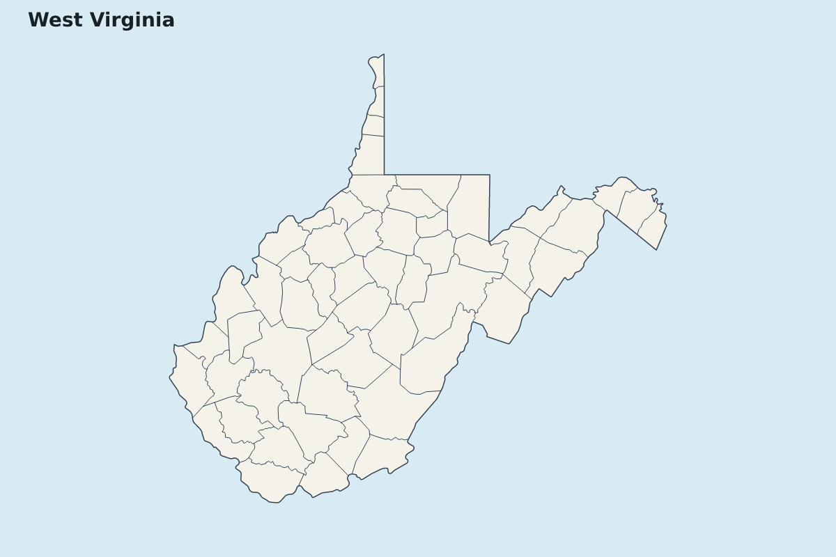 Mapa de resaltado de West Virginia, United States con límites administrativos internos.