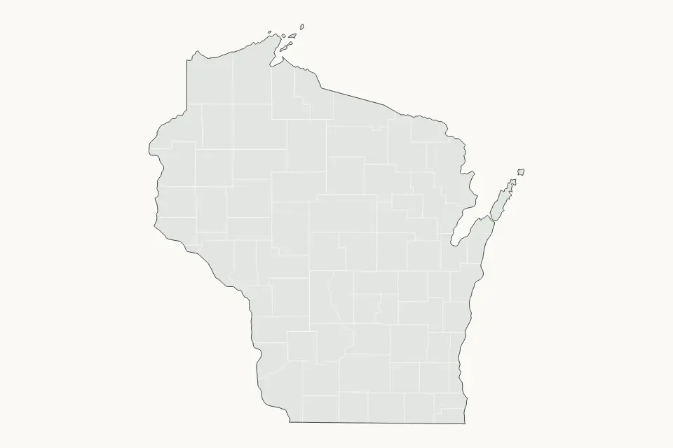 Wisconsin, United States subdivisions map for North America, showing subdivisions coverage with water features including Lake Winnebago, Lake Superior, and Lake Michigan.