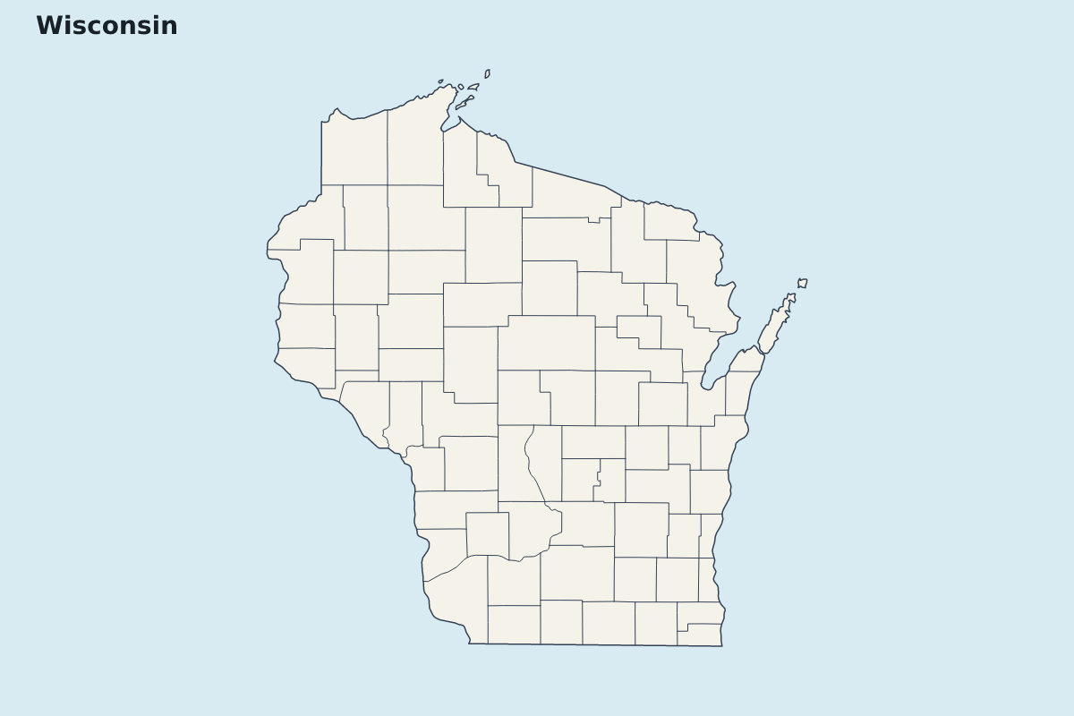 Mapa de resaltado de Wisconsin, United States con límites administrativos internos.