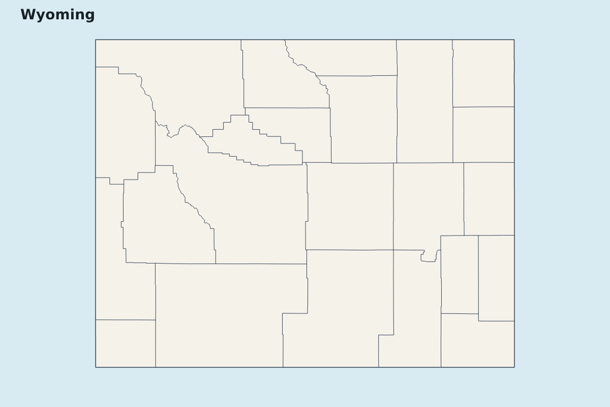 Mapa de resaltado de Wyoming, United States con límites administrativos internos.