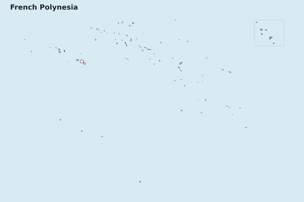 Mapa de resaltado de French Polynesia con límites administrativos internos.