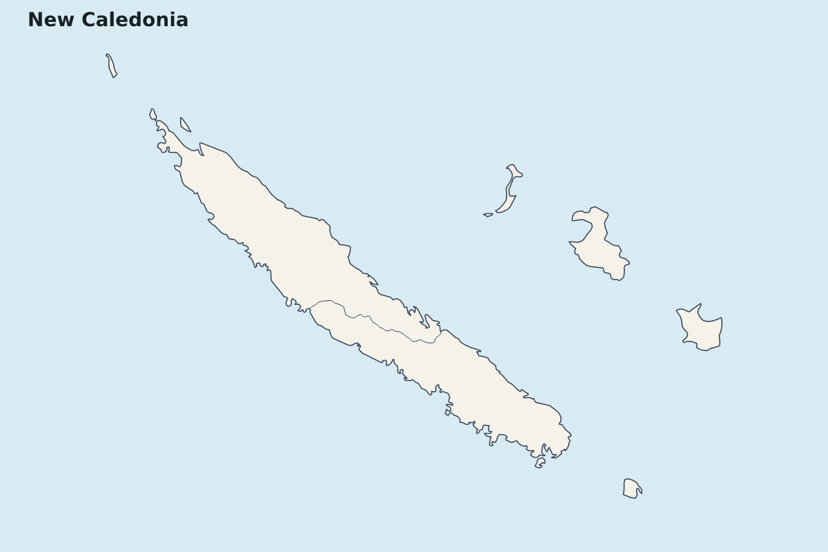 Mapa de resaltado de New Caledonia con límites administrativos internos.