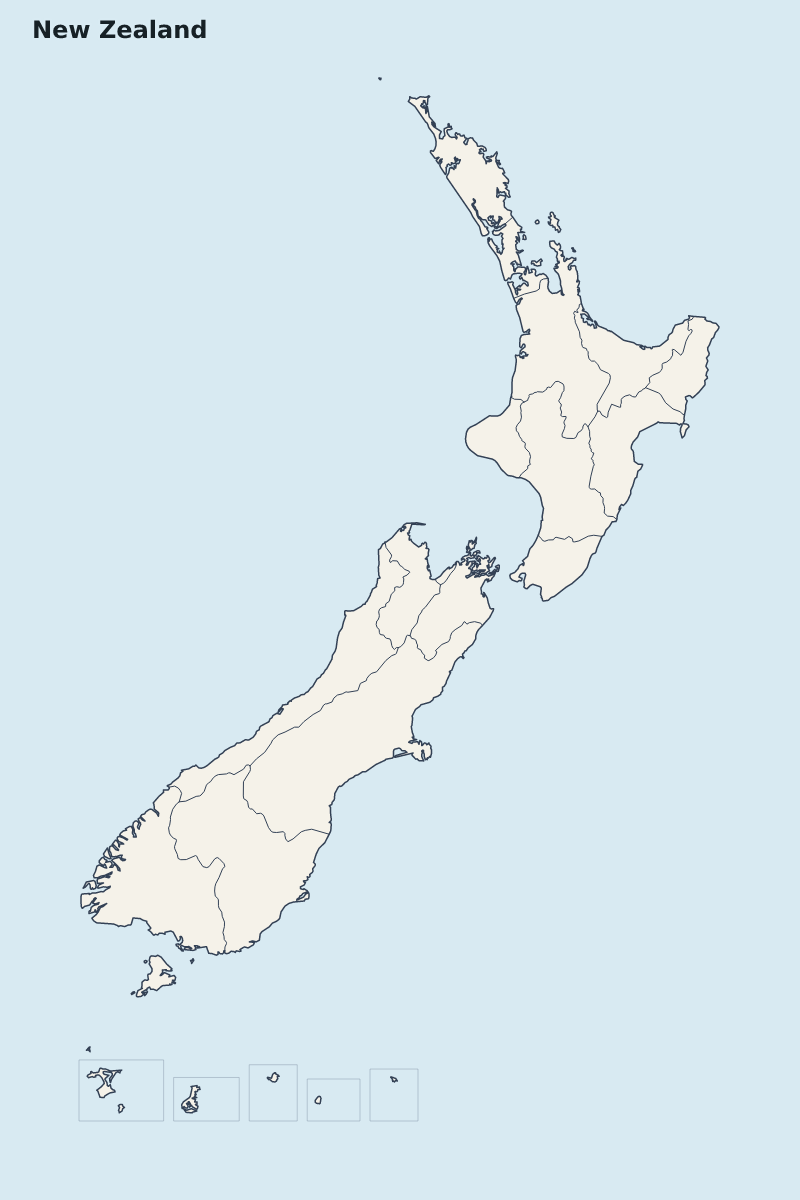 Mapa de resaltado de New Zealand con límites administrativos internos.