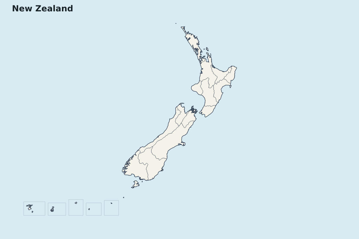 Mapa de resaltado de New Zealand con límites administrativos internos.