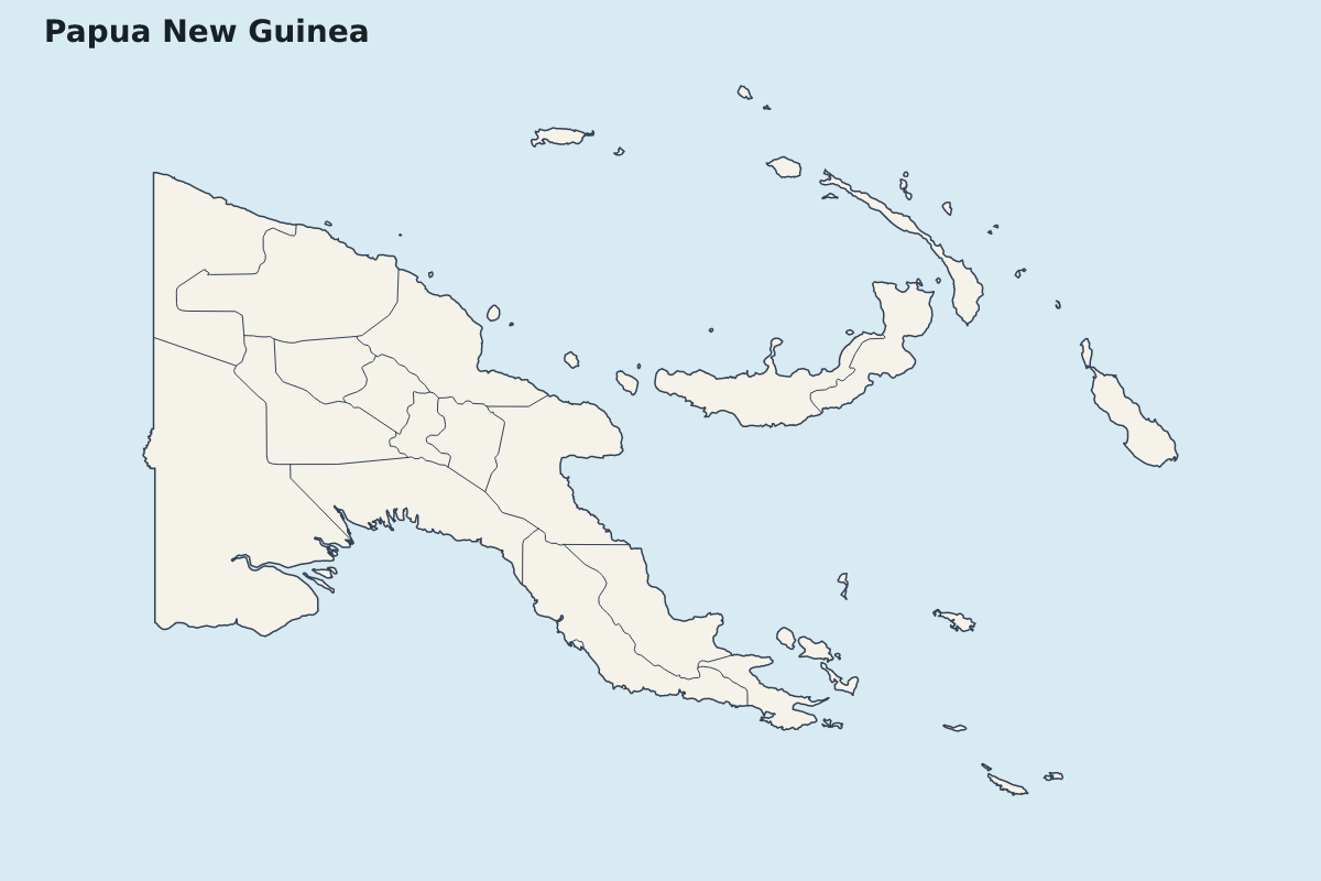 Highlight map of Papua New Guinea with internal administrative boundaries.