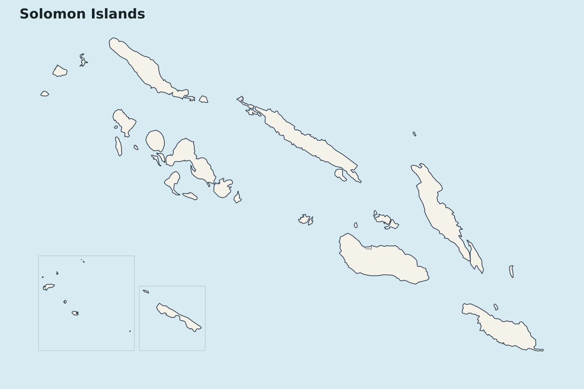 Mapa de resaltado de Solomon Islands con límites administrativos internos.