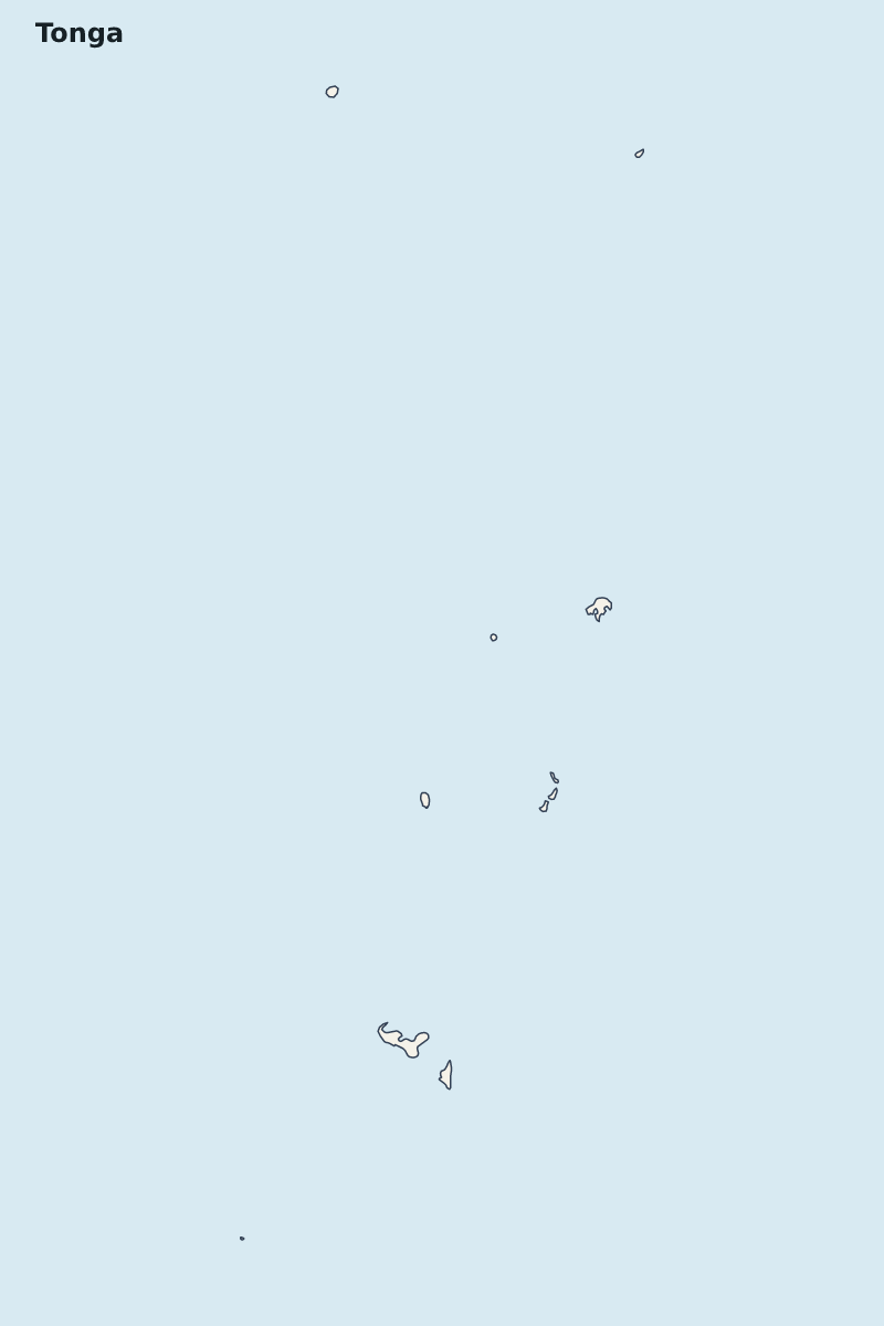 Mapa de resaltado de Tonga con límites administrativos internos.