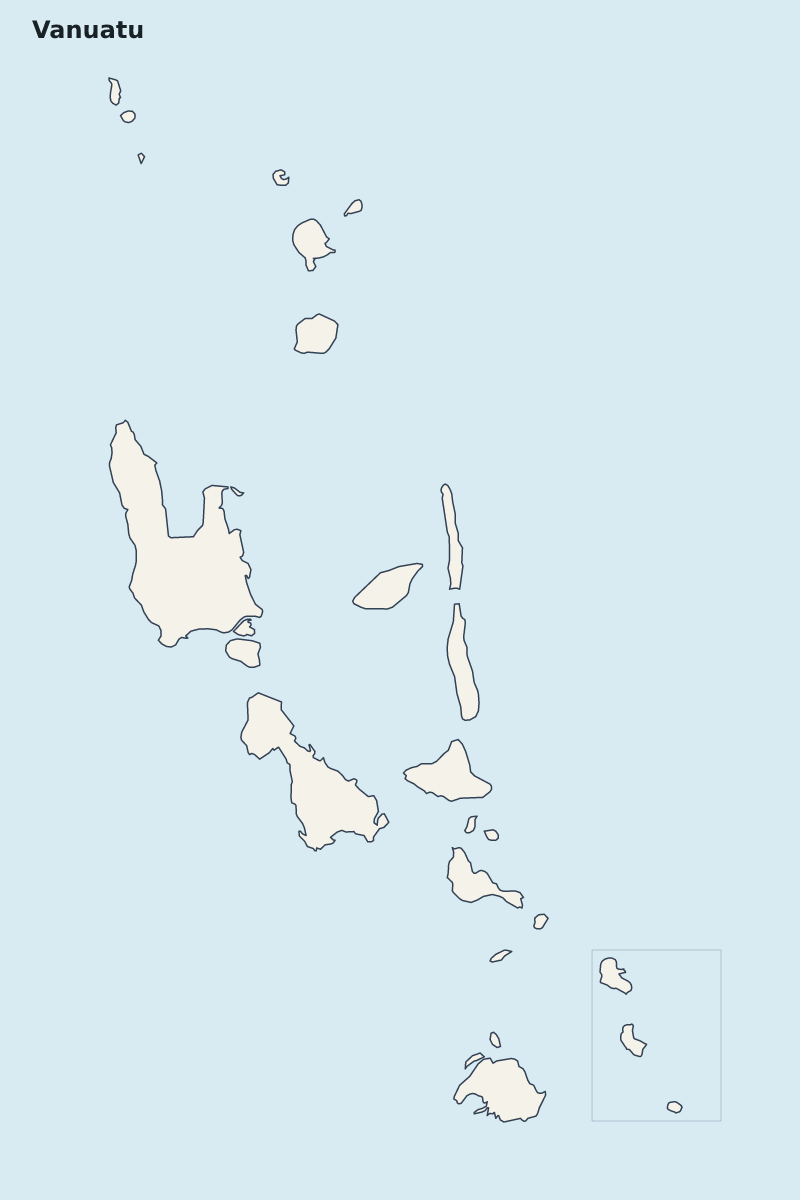 Mapa de resaltado de Vanuatu con límites administrativos internos.
