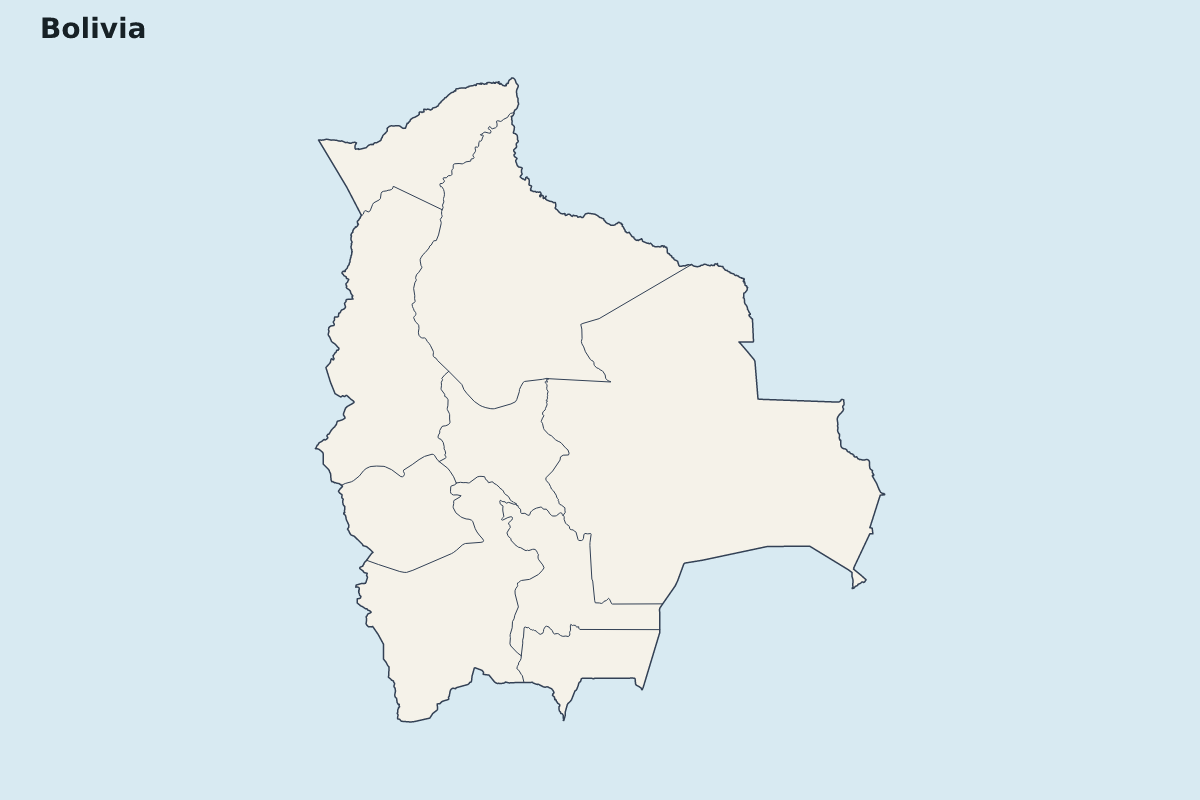 Mapa de resaltado de Bolivia con límites administrativos internos.