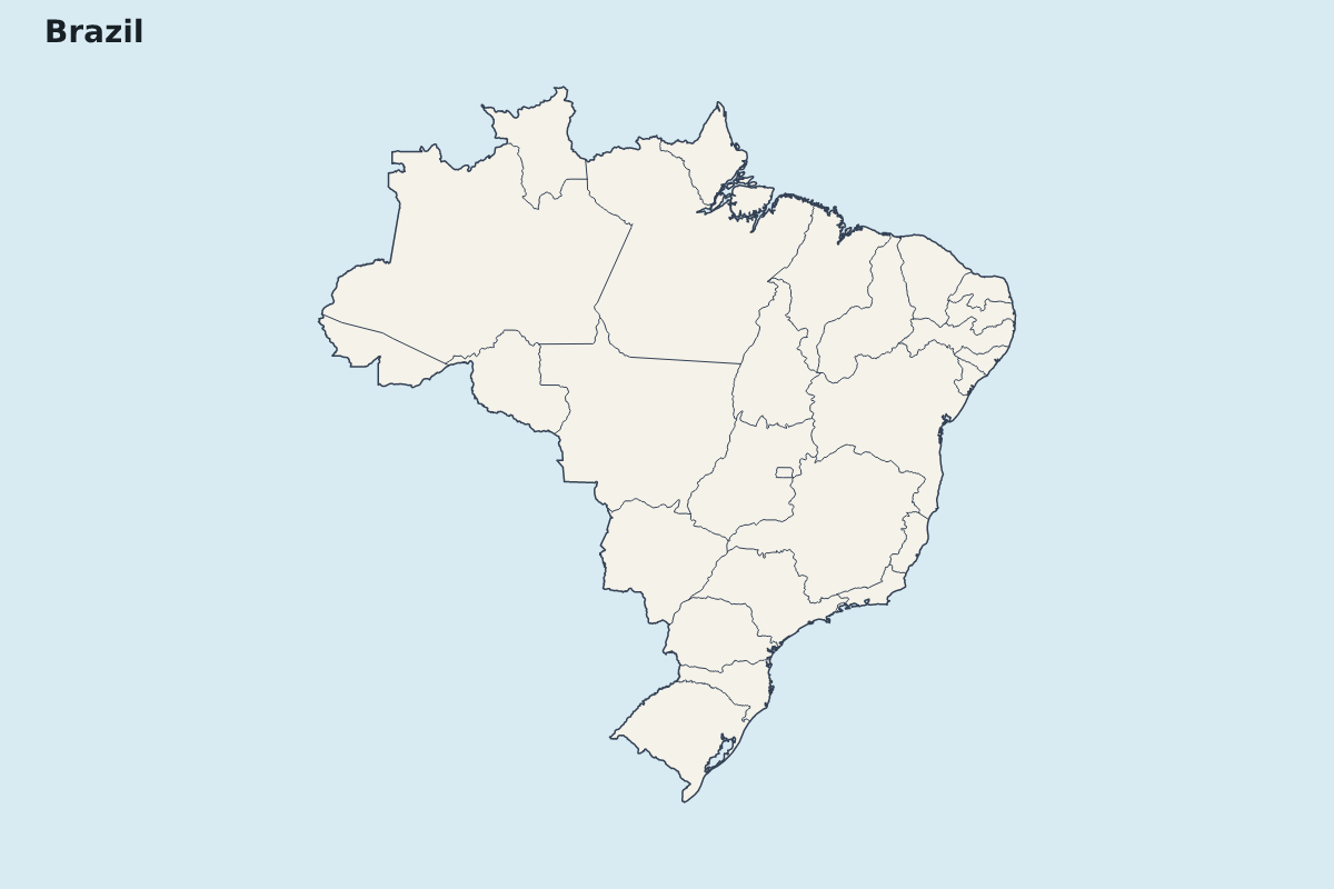 Mapa de resaltado de Brazil con límites administrativos internos.