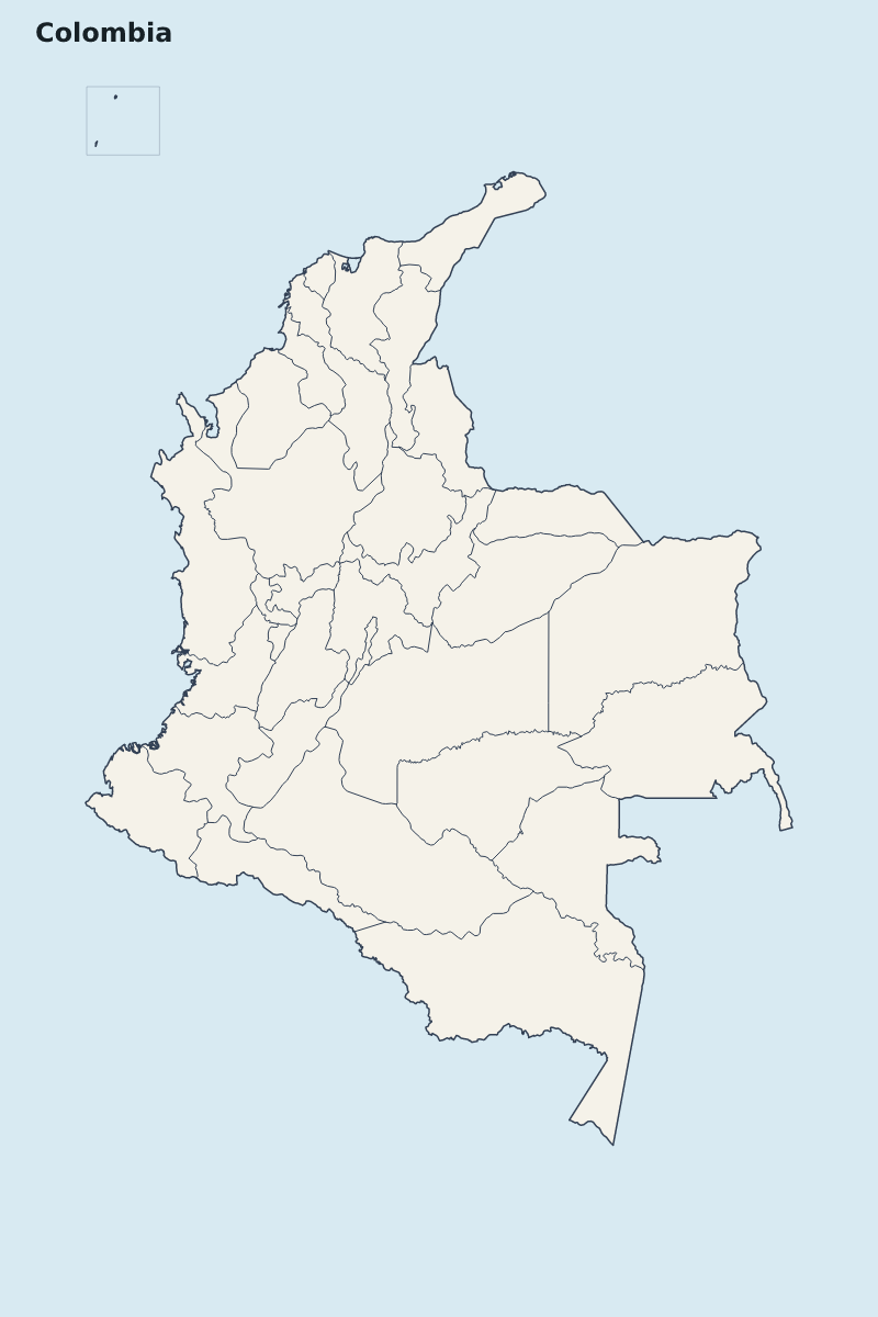 Mapa de resaltado de Colombia con límites administrativos internos.