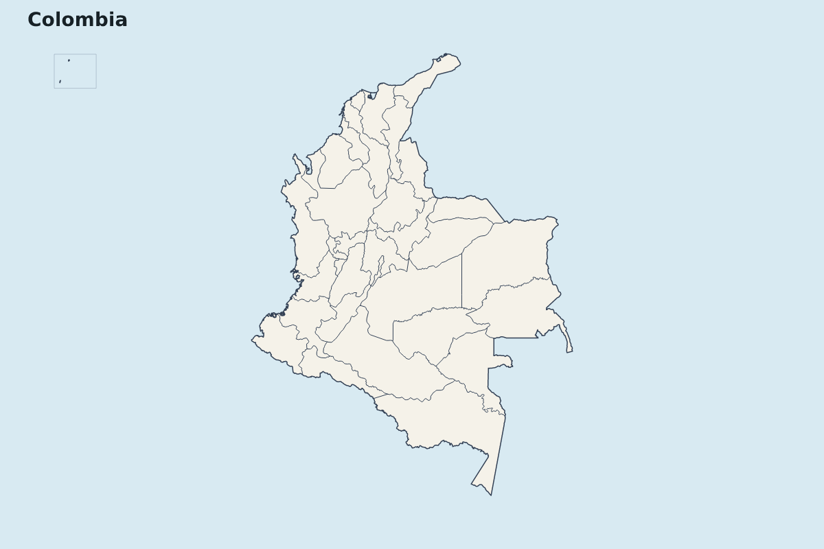Mapa de resaltado de Colombia con límites administrativos internos.