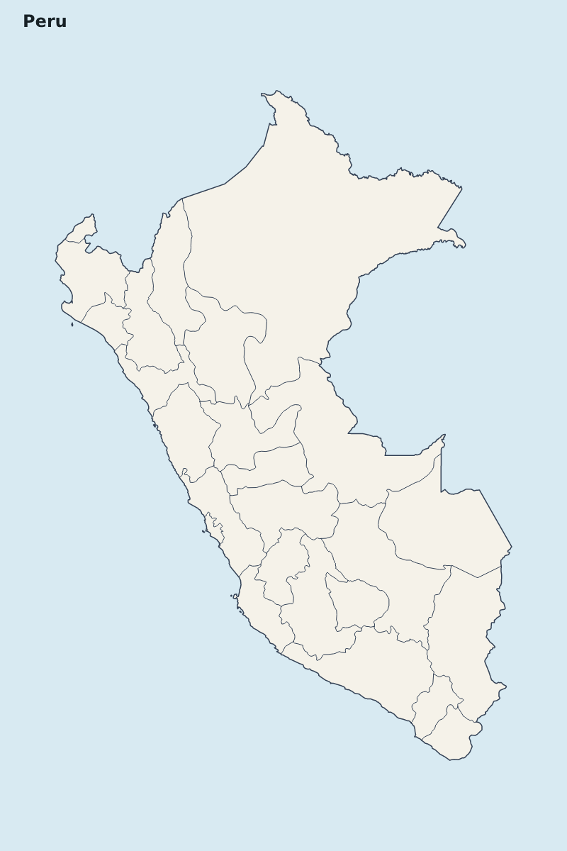 Mapa de resaltado de Peru con límites administrativos internos.