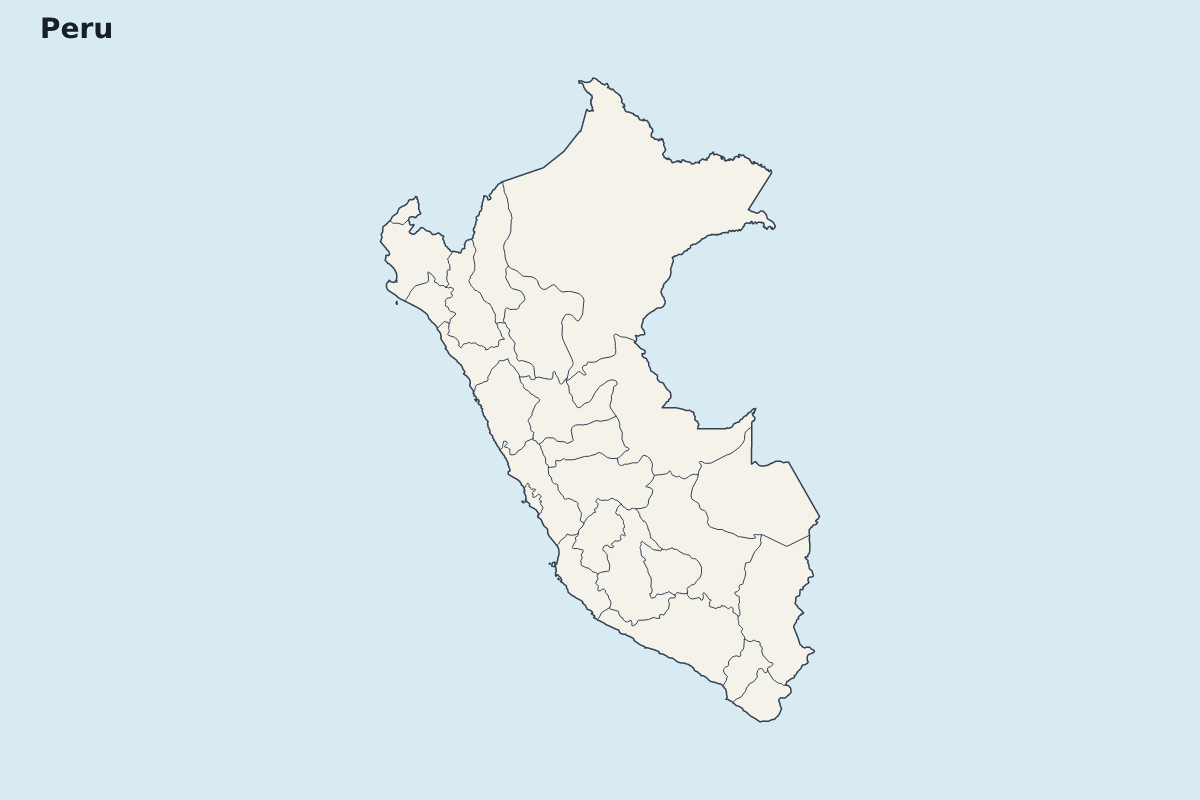 Mapa de resaltado de Peru con límites administrativos internos.