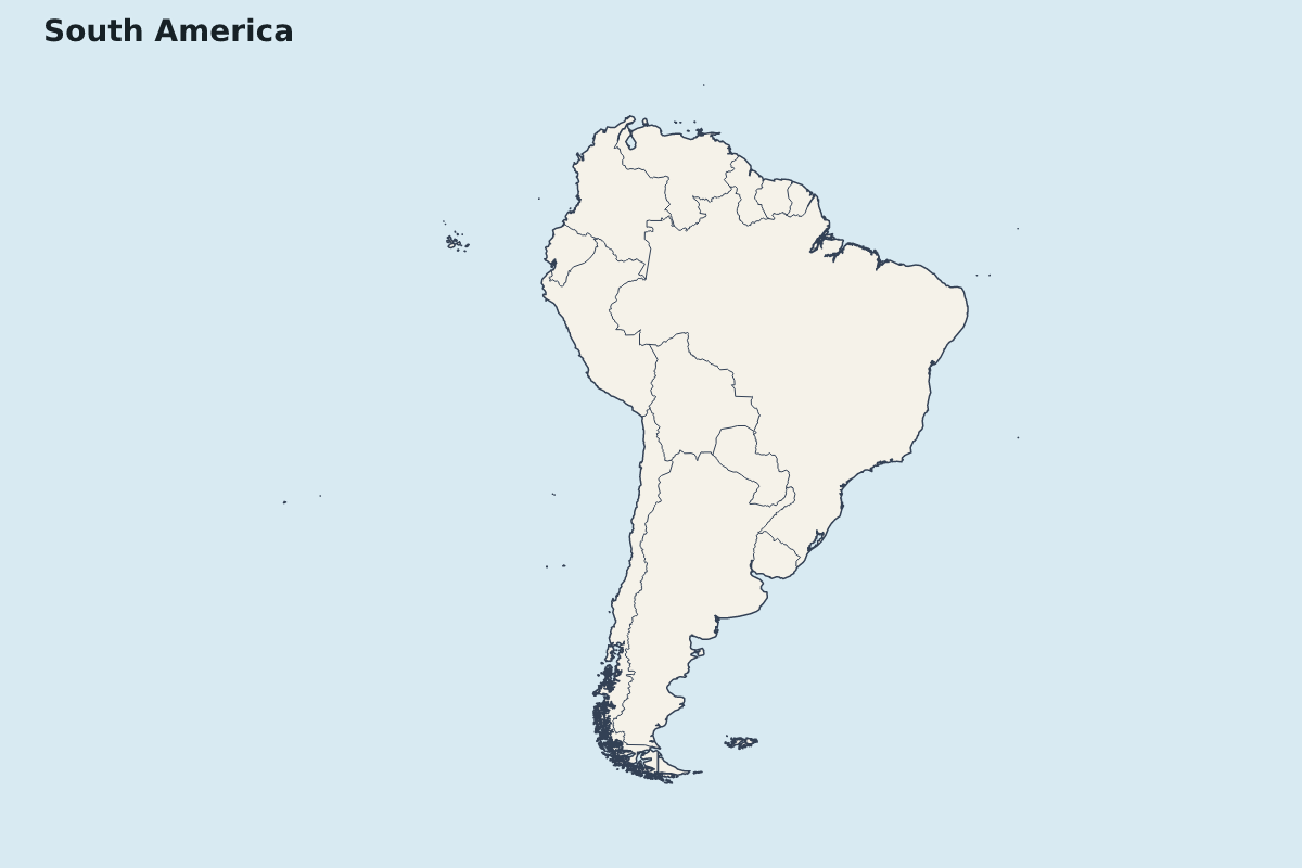 Mapa de resaltado de South America con límites administrativos internos.