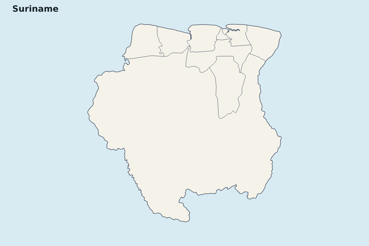 Mapa de resaltado de Suriname con límites administrativos internos.