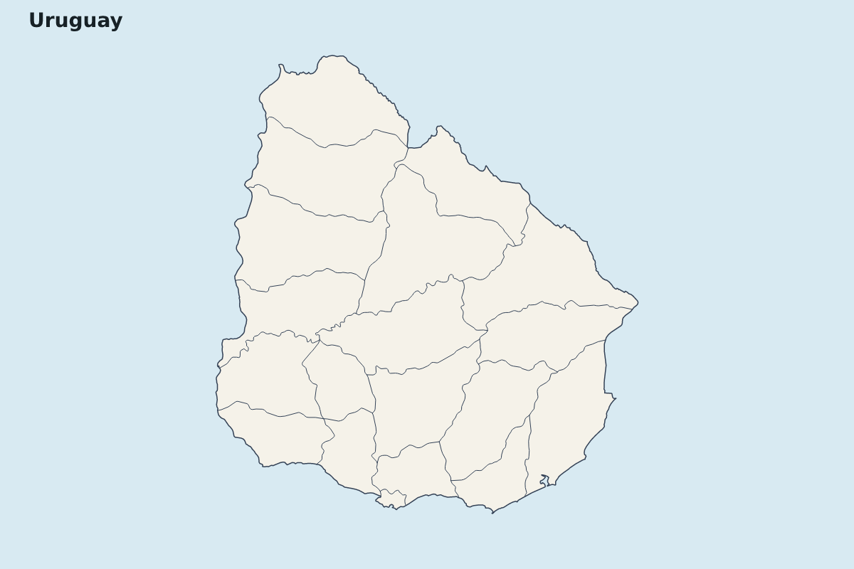 Mapa de resaltado de Uruguay con límites administrativos internos.