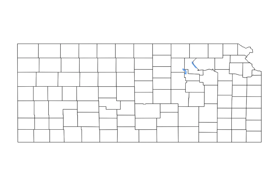 Outline map of Kansas with subdivision borders and major lakes.