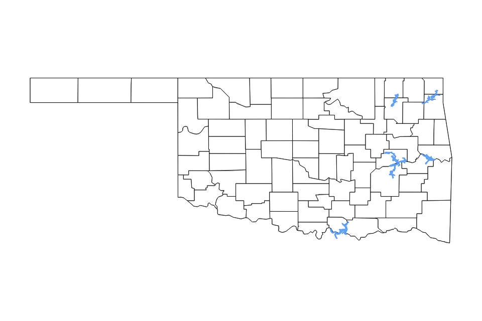 Mapa de Oklahoma de tipo contorno y lagos para North America, con contorno y lagos con 5 lagos principales.