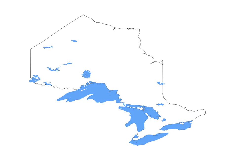 Outline map of Ontario with subdivision borders and major lakes.