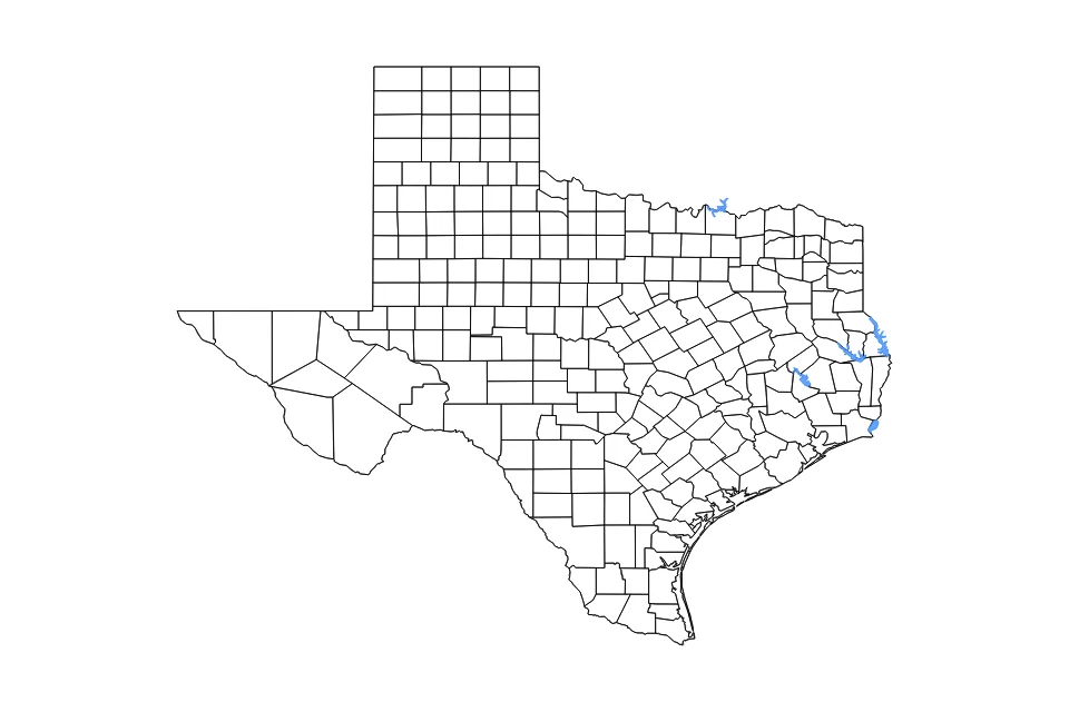 Outline map of Texas with subdivision borders and major lakes.