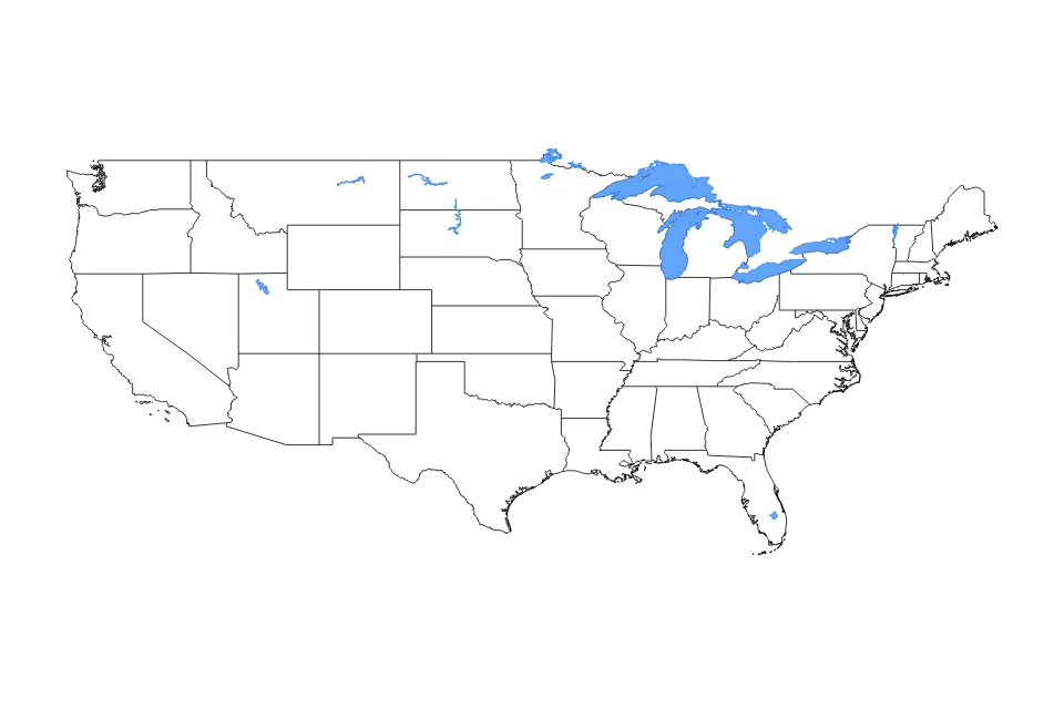 Carte de United States Of America de type contour, subdivisions et lacs pour North America, montrant contour, subdivisions et lacs avec 15 lacs principaux.