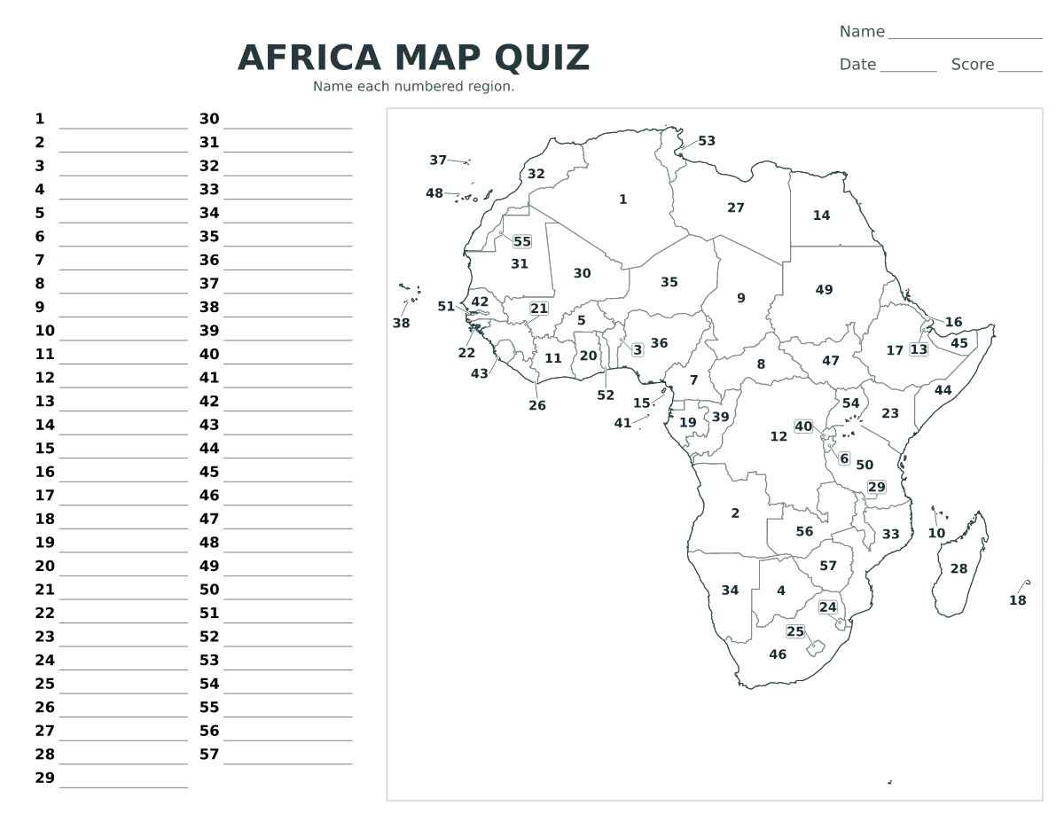 Africa map quiz with 57 numbered regions.