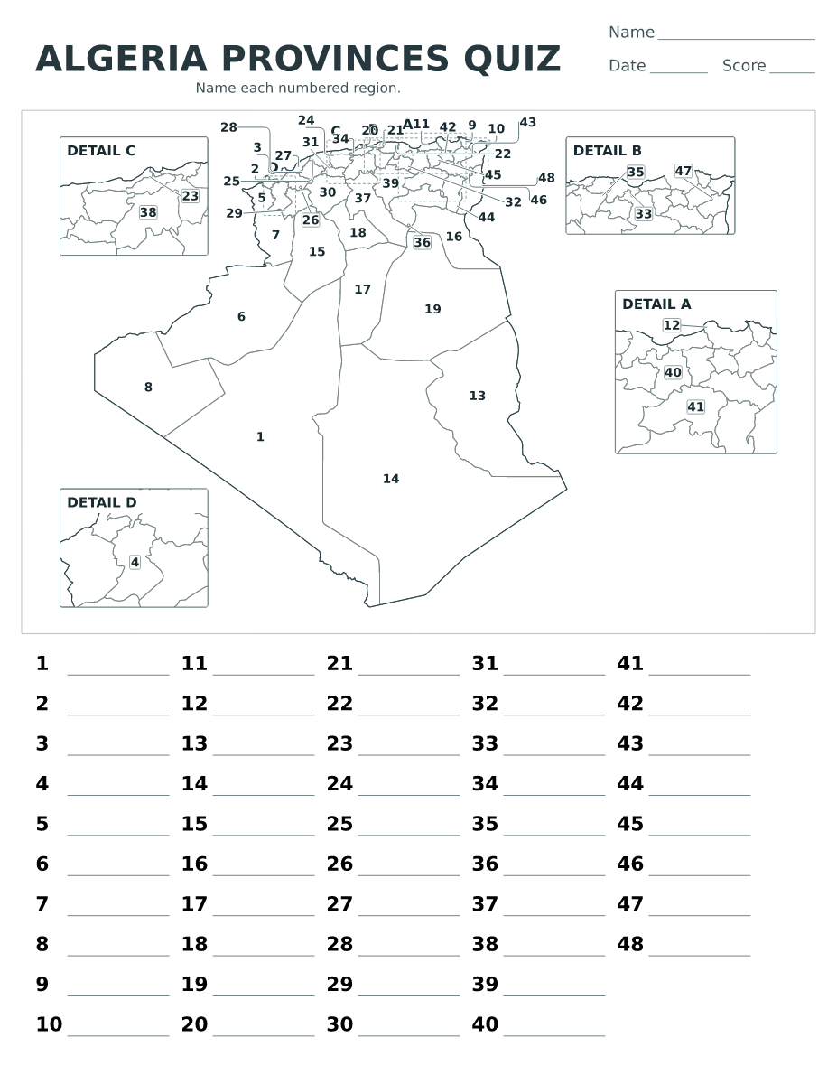 Cuestionario de provincias: Algeria con 48 provincias con números.