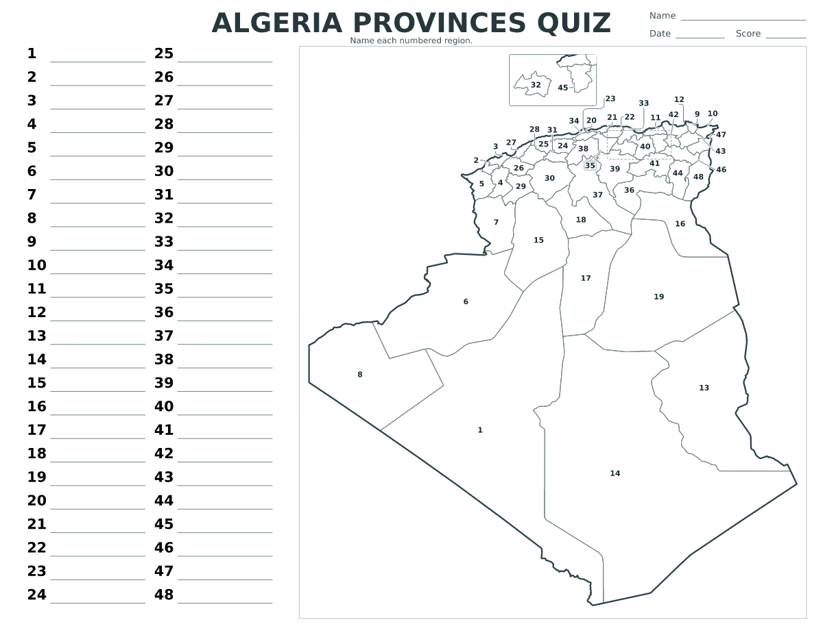 Cuestionario de provincias: Algeria con 48 provincias con números.