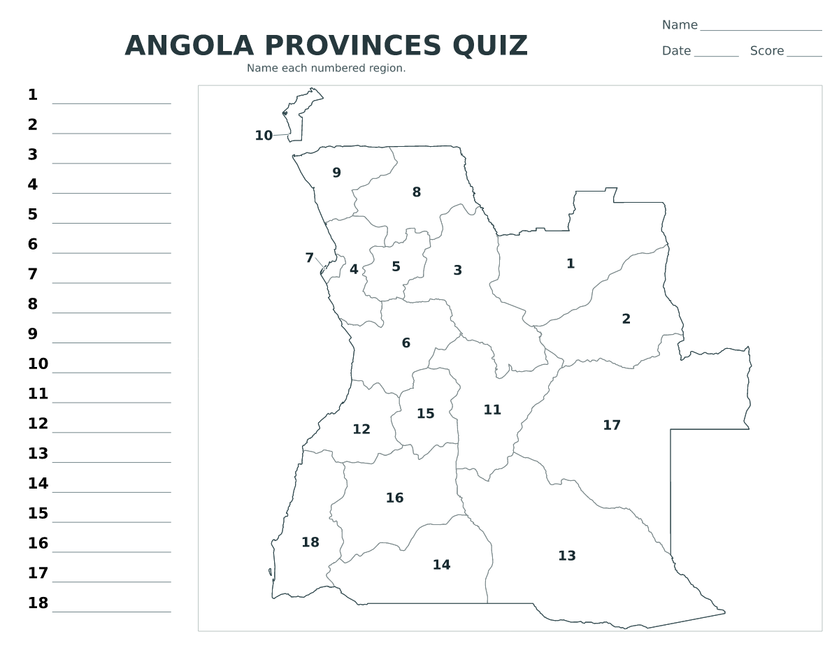Cuestionario de provincias: Angola con 18 provincias con números.