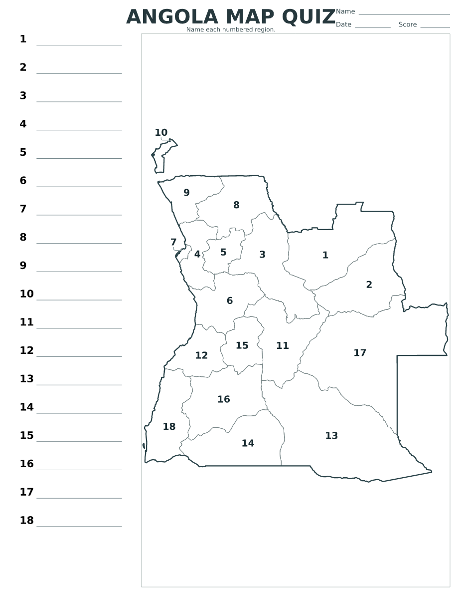 Cuestionario de provincias: Angola con 18 provincias con números.