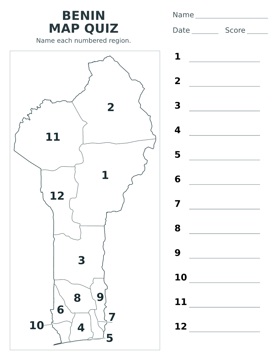 Cuestionario de departamentos: Benin con 12 departamentos con números.