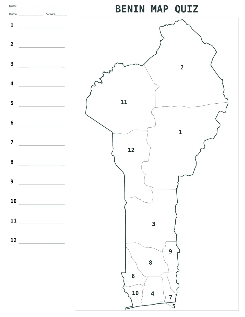 Aperçu de la carte Quiz numéroté de Benin