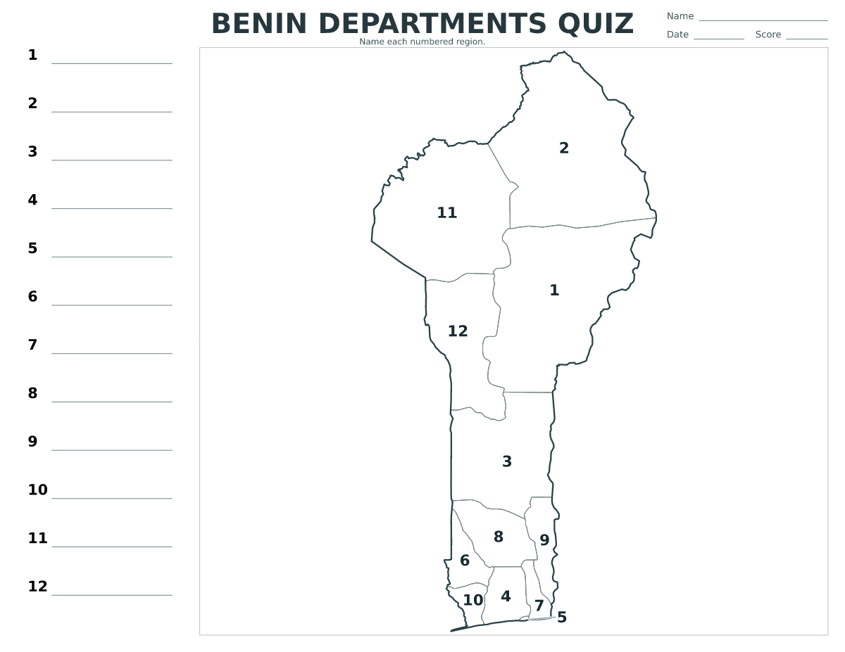 Cuestionario de departamentos: Benin con 12 departamentos con números.