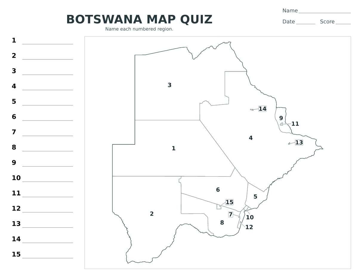 Cuestionario imprimible del mapa de Botswana con 15 regiones numeradas.