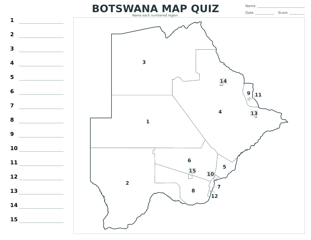 Cuestionario imprimible del mapa de Botswana con 15 regiones numeradas.
