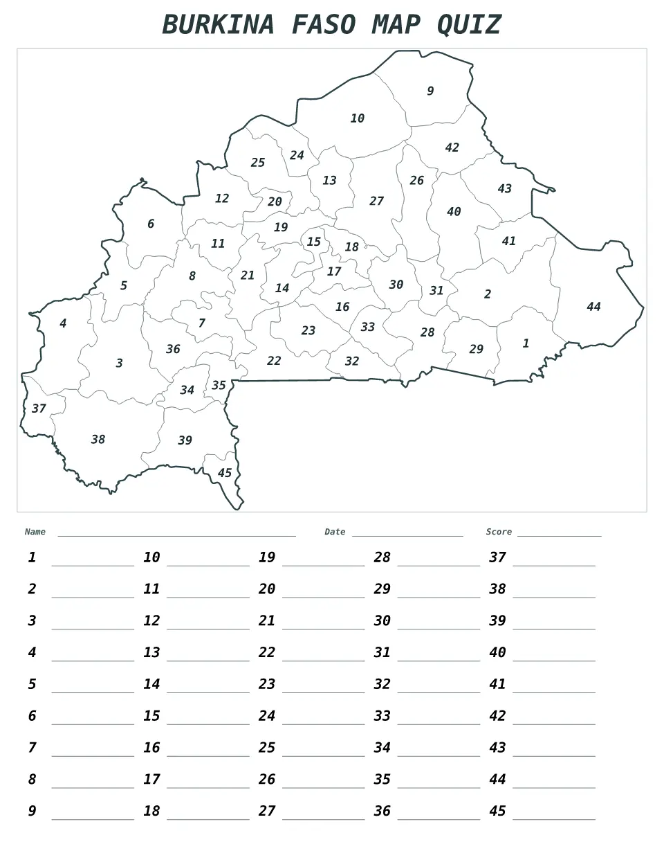 Vista previa del mapa Cuestionario numerado de Burkina Faso